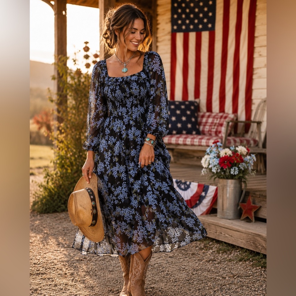 Sadie & Sage‎ Midnight Iris Midi Dress Blue Floral Smocked Boho Cottagecore L